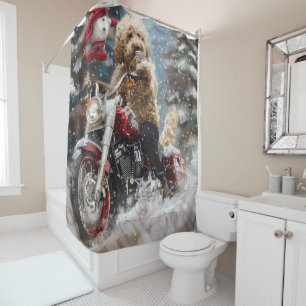 Goldendoodle Hond Rijden Motorfiets Kerstmis Douchegordijn