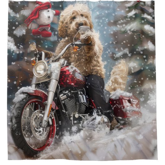Goldendoodle Hond Rijden Motorfiets Kerstmis Douchegordijn (Voorkant)