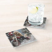 Goldendoodle Hond Rijden Motorfiets Kerstmis Glazen Onderzetter (Schuin)