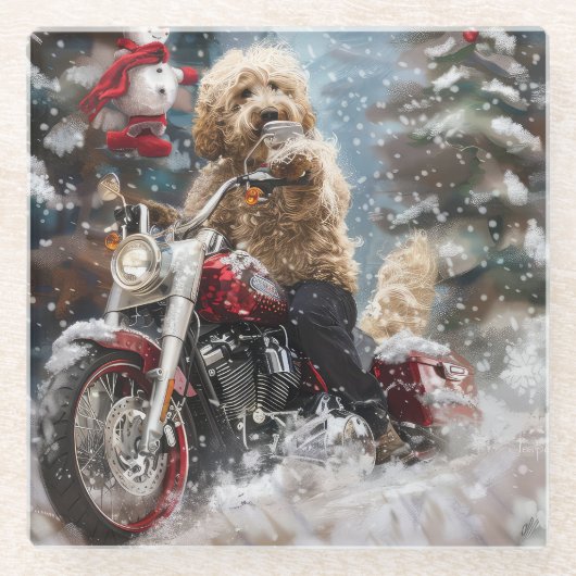 Goldendoodle Hond Rijden Motorfiets Kerstmis Glazen Onderzetter (Voorkant)