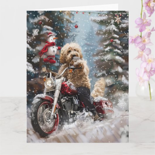 Goldendoodle Hond Rijden Motorfiets Kerstmis Kaart (Orchidee)