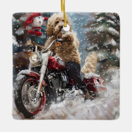 Goldendoodle Hond Rijden Motorfiets Kerstmis Keramisch Ornament (Voorkant)