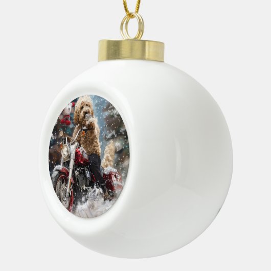 Goldendoodle Hond Rijden Motorfiets Kerstmis Keramische Bal Ornament (Rechts)