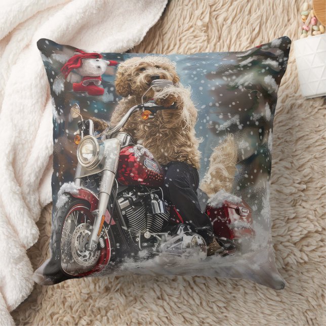 Goldendoodle Hond Rijden Motorfiets Kerstmis Kussen (Deken)