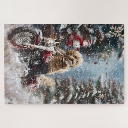 Goldendoodle Hond Rijden Motorfiets Kerstmis Legpuzzel (Horizontaal)