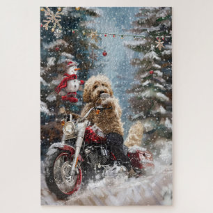 Goldendoodle Hond Rijden Motorfiets Kerstmis Legpuzzel