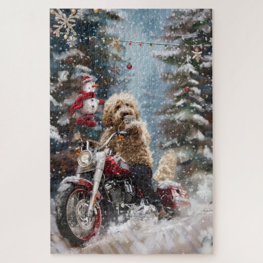 Goldendoodle Hond Rijden Motorfiets Kerstmis Legpuzzel (Verticaal)