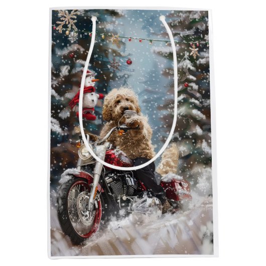 Goldendoodle Hond Rijden Motorfiets Kerstmis Medium Cadeauzakje (Voorkant)