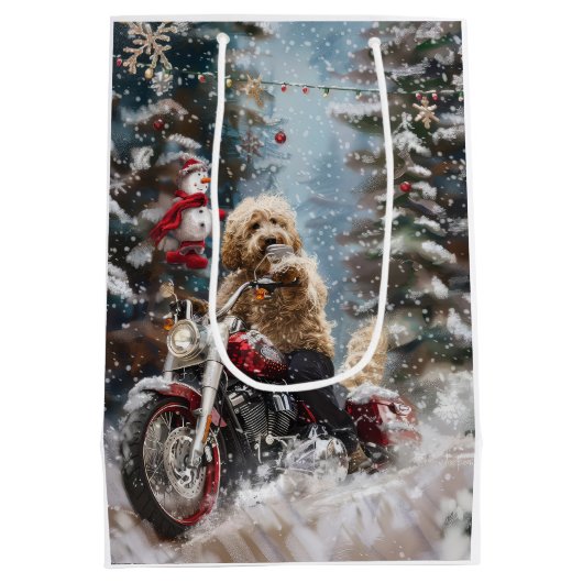 Goldendoodle Hond Rijden Motorfiets Kerstmis Medium Cadeauzakje (Achterkant)