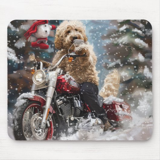 Goldendoodle Hond Rijden Motorfiets Kerstmis Muismat (Voorkant)