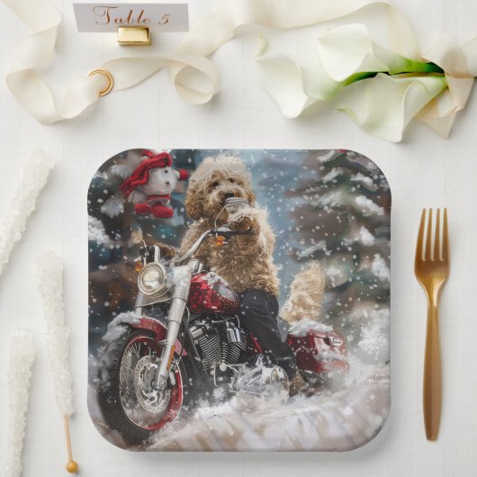 Goldendoodle Hond Rijden Motorfiets Kerstmis Papieren Bordje (Huwelijk)