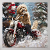 Goldendoodle Hond Rijden Motorfiets Kerstmis Poster (Voorkant)