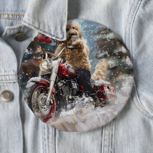 Goldendoodle Hond Rijden Motorfiets Kerstmis Ronde Button 6,0 Cm