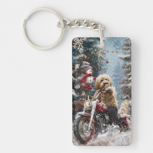 Goldendoodle Hond Rijden Motorfiets Kerstmis Sleutelhanger (Voorkant)