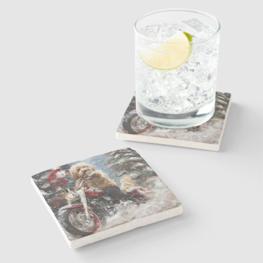 Goldendoodle Hond Rijden Motorfiets Kerstmis Stenen Onderzetter (Zijkant)