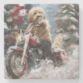Goldendoodle Hond Rijden Motorfiets Kerstmis Stenen Onderzetter (Voorkant)