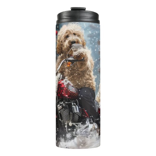 Goldendoodle Hond Rijden Motorfiets Kerstmis Thermosbeker (Voorkant)