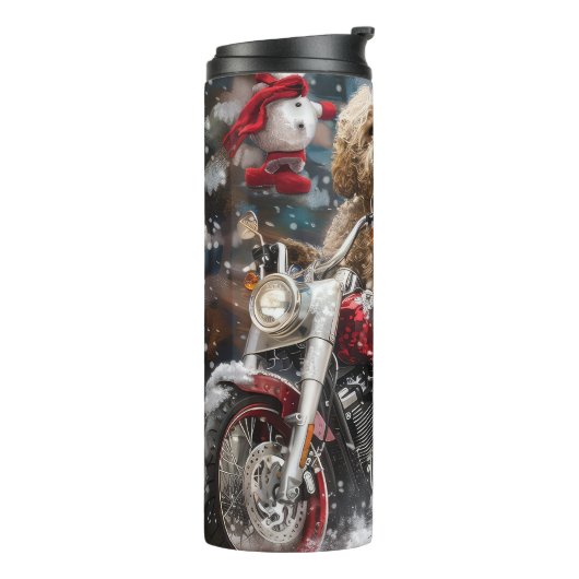 Goldendoodle Hond Rijden Motorfiets Kerstmis Thermosbeker (Gedraaid links)