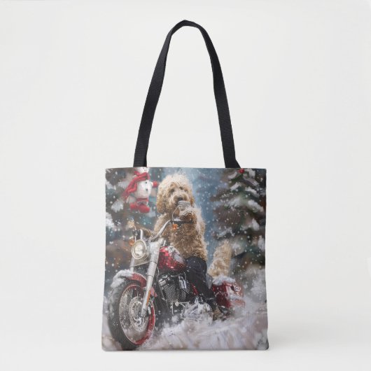 Goldendoodle Hond Rijden Motorfiets Kerstmis Tote Bag (Voorkant)