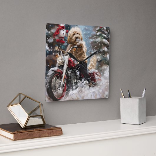 Goldendoodle Hond Rijden Motorfiets Kerstmis Vierkante Klok (Kantoor)