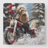 Goldendoodle Hond Rijden Motorfiets Kerstmis Vierkante Klok (Voorkant)