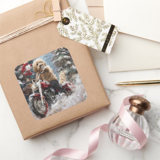 Goldendoodle Hond Rijden Motorfiets Kerstmis Vierkante Sticker (Geschenken)