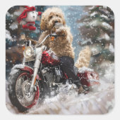 Goldendoodle Hond Rijden Motorfiets Kerstmis Vierkante Sticker (Voorkant)