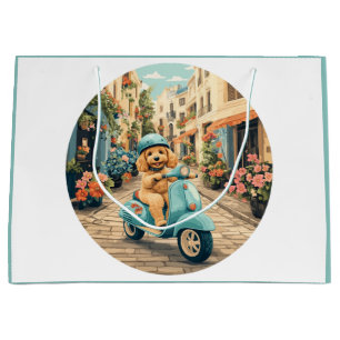Goldendoodle-hond rijdt op scooter door Europese s Groot Cadeauzakje