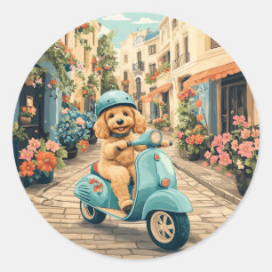 Goldendoodle-hond rijdt op scooter door Europese s Ronde Sticker