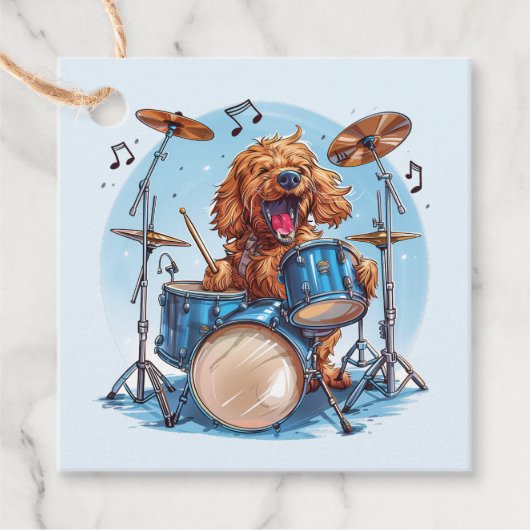 Goldendoodle hond speelt drums bedankjes labels (Voorkant)