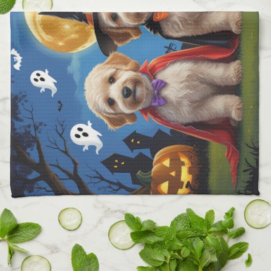 Goldendoodle Honden Pompoen Halloween Grappig Theedoek (Gevouwen)