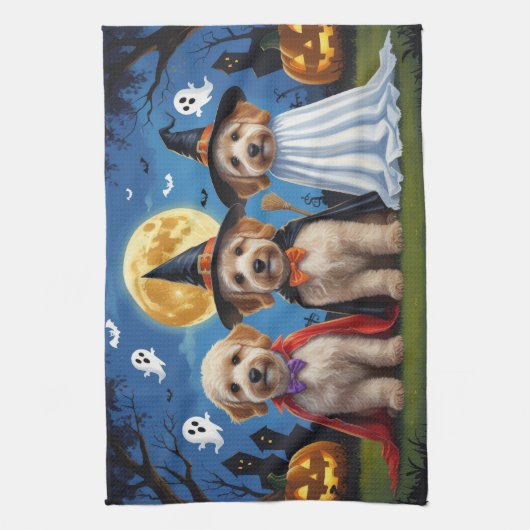 Goldendoodle Honden Pompoen Halloween Grappig Theedoek (Verticaal)