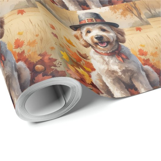 Goldendoodle in de herfst laat Thanksgiving kunst Cadeaupapier (Rol Hoek)