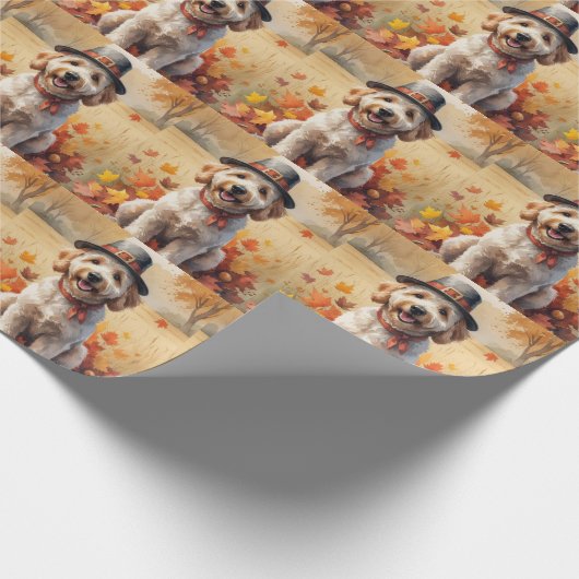 Goldendoodle in de herfst laat Thanksgiving kunst Cadeaupapier (Hoek)
