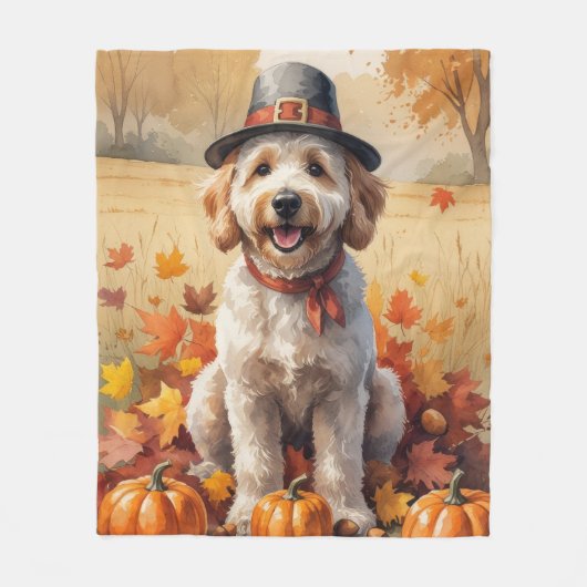 Goldendoodle in de herfst laat Thanksgiving kunst  Fleece Deken (Voorkant)