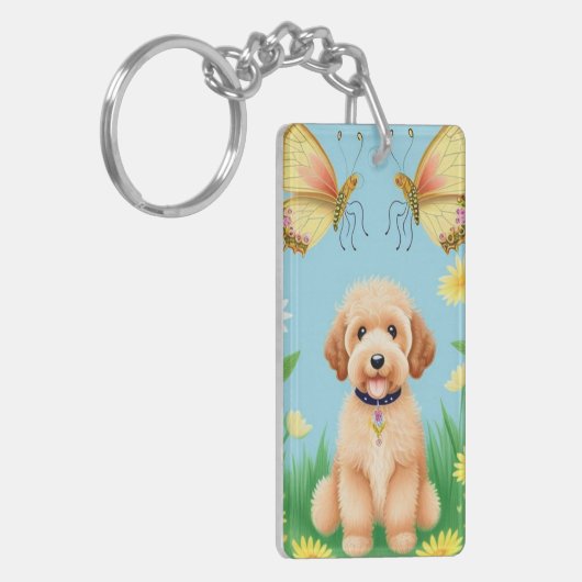 Goldendoodle in de tuin sleutelhanger (Voorkant Links)