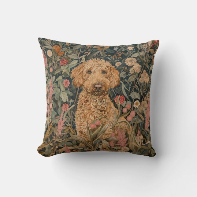Goldendoodle in een William Morris Style Garden Kussen (Voorkant)