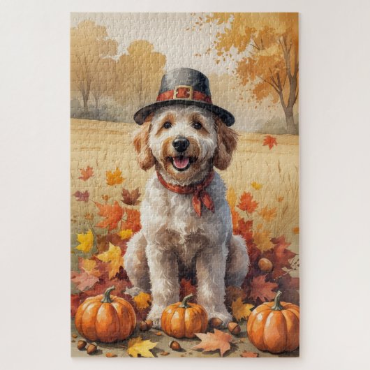 Goldendoodle in herfstbladeren Thanksgiving kunst Legpuzzel (Verticaal)