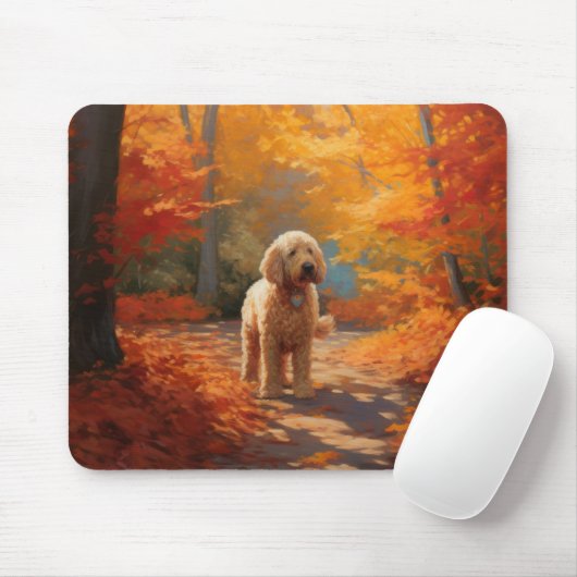 Goldendoodle in herfstbladeren val inspireert muismat (Met muis)