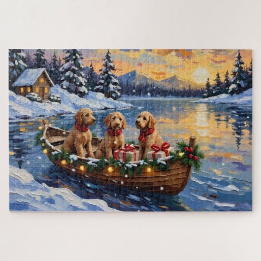 Goldendoodle Kerstboot Vakantie Legpuzzel (Horizontaal)