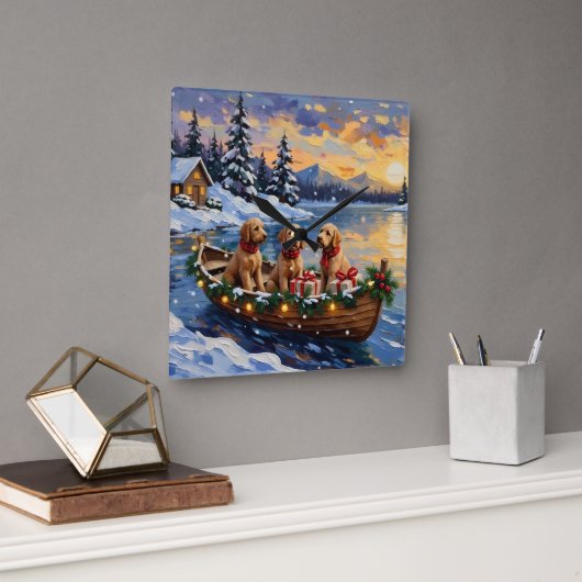 Goldendoodle Kerstboot Vakantie Vierkante Klok (Kantoor)