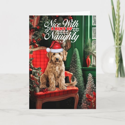 Goldendoodle Kersthond Naughty Nice Feestdagen Kaart (Voorkant)