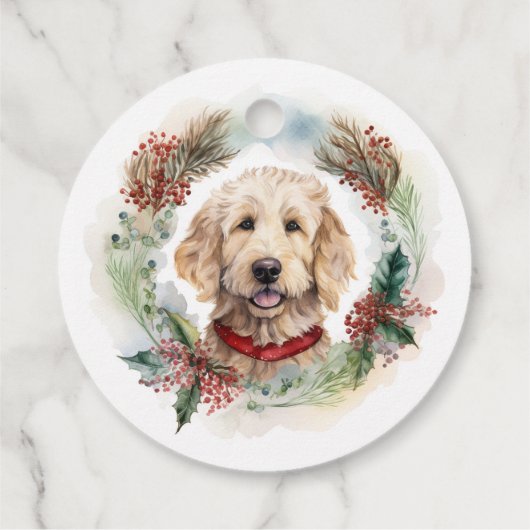Goldendoodle Kerstkrans Feestelijke Pup Bedankjes Labels (Achterkant)