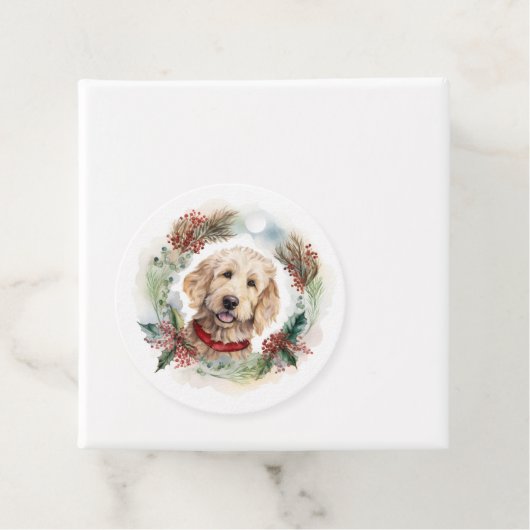 Goldendoodle Kerstkrans Feestelijke Pup Bedankjes Labels (In situ)