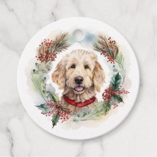 Goldendoodle Kerstkrans Feestelijke Pup Bedankjes Labels (Voorkant)
