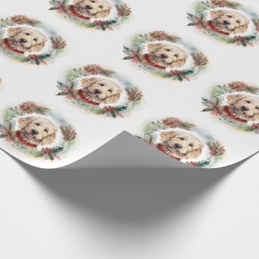 Goldendoodle Kerstkrans Feestelijke Pup Cadeaupapier (Hoek)