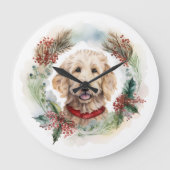 Goldendoodle Kerstkrans Feestelijke Pup Grote Klok (Voorkant)