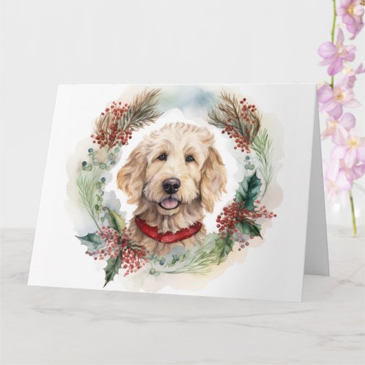Goldendoodle Kerstkrans Feestelijke Pup Kaart (Orchidee)