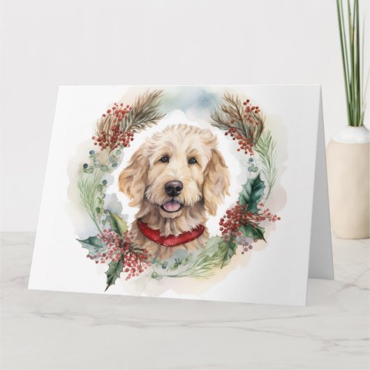Goldendoodle Kerstkrans Feestelijke Pup Kaart (Voorkant)