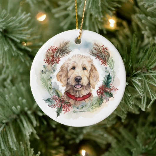 Goldendoodle Kerstkrans Feestelijke Pup Keramisch Ornament (Boom)